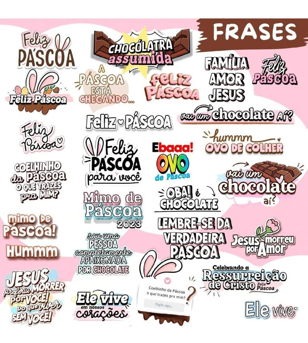 Arquivos Pásca 2023 Mimos Fofos Caixinhas P Imprimir Montar 10 Diversas artes e frases temáticas de Páscoa com coelhos e chocolates em fundo rosa