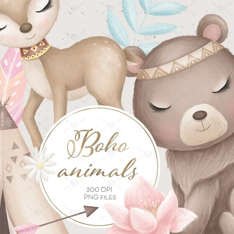 Arquivos Png Animais Tribais Floresta Encantada Aquarela 4 Ilustração digital de um cervo e um urso com estilo boho e decorativos.