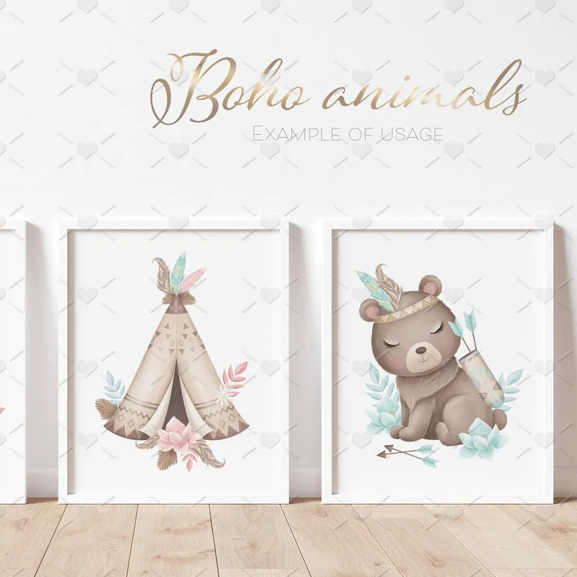 Arquivos Png Animais Tribais Floresta Encantada Aquarela 5 Quadros com ilustrações de cabana e urso estilo boho em parede branca.