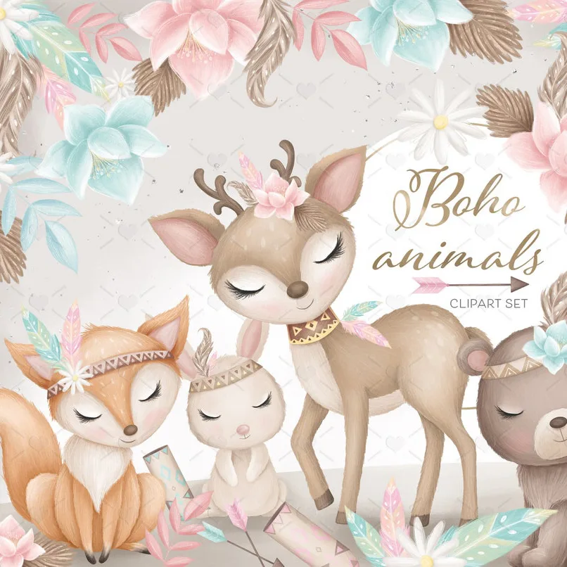 Arquivos Png Animais Tribais Floresta Encantada Aquarela 1 Ilustração digital de animais bebês com estilo boho, flores e elementos delicados em tons suaves.