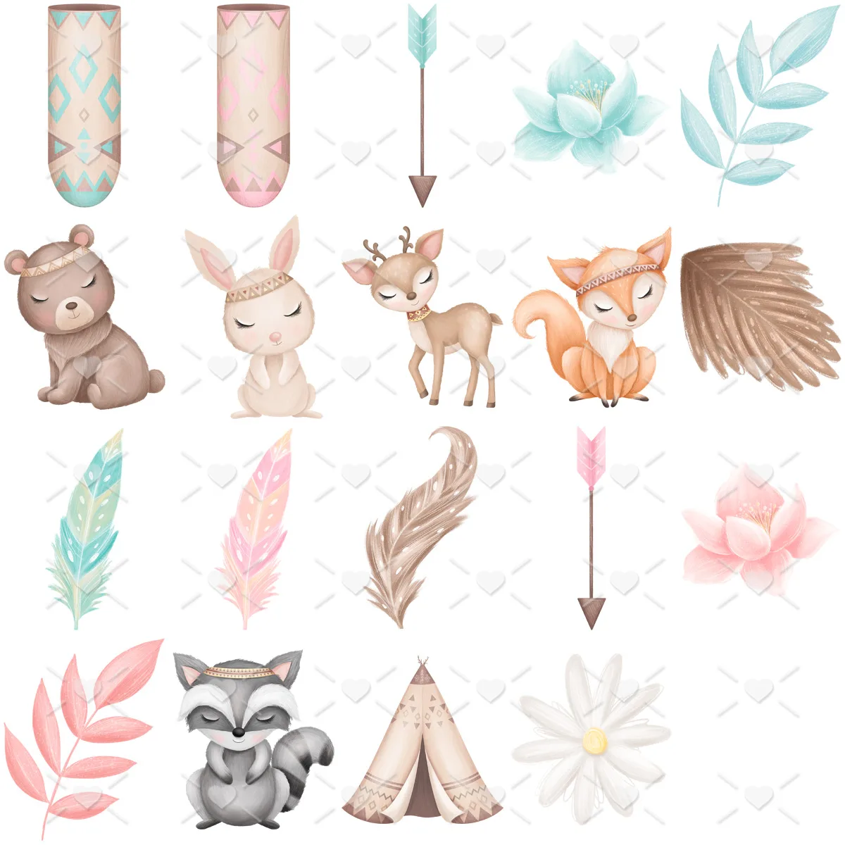 Arquivos Png Animais Tribais Floresta Encantada Aquarela 3 Conjunto de ilustrações estilo aquarela com animais, flores, penas e elementos tribais decorativos.