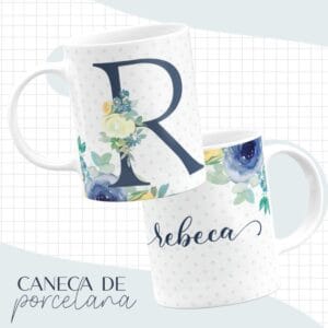 Arte Caneca Alfabeto Azul Flores