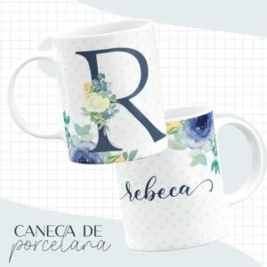 Arte Caneca Alfabeto Azul Flores