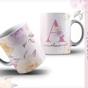 Arte Caneca Alfabeto Floral Rosa