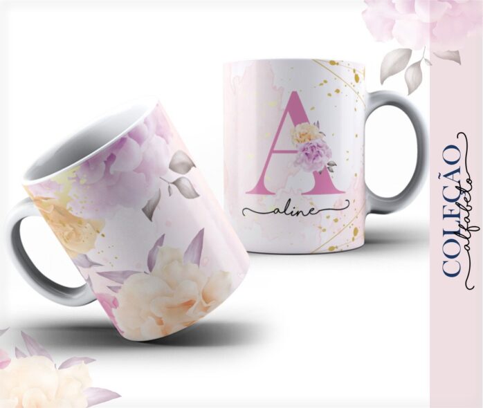 Arte Caneca Alfabeto Floral Rosa
