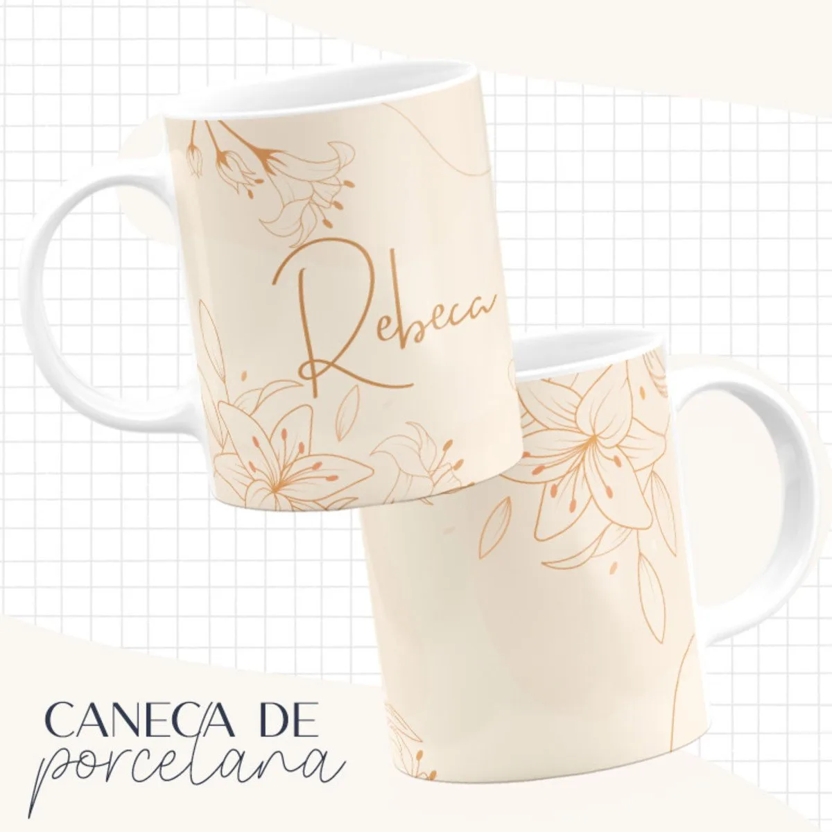 Arte Caneca Bege 1 Duas canecas brancas com estampa de flores delicadas em tons terrosos e escrita manual.