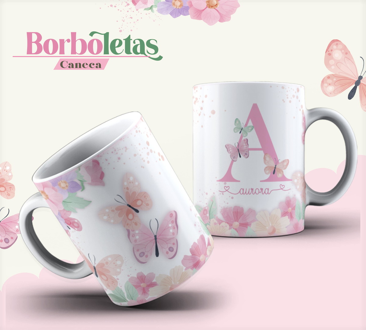 Arte Digital Borboleta para Caneca com Alfabeto Completo 1 Arte Digital Borboleta para Caneca com Alfabeto Completo