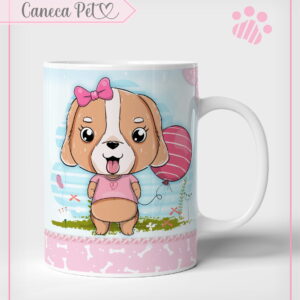 Arte Caneca Cachorrinha PNG Sublimação 3 Caneca branca com estampa de cachorrinha fofa segurando um balão rosa.