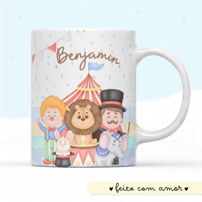 Arte Digital Circo Aquarela para Caneca e Lembrancinhas 52 Arte digital com tema de circo, apresentando personagens como palhaço, leão, mágico e elefante.