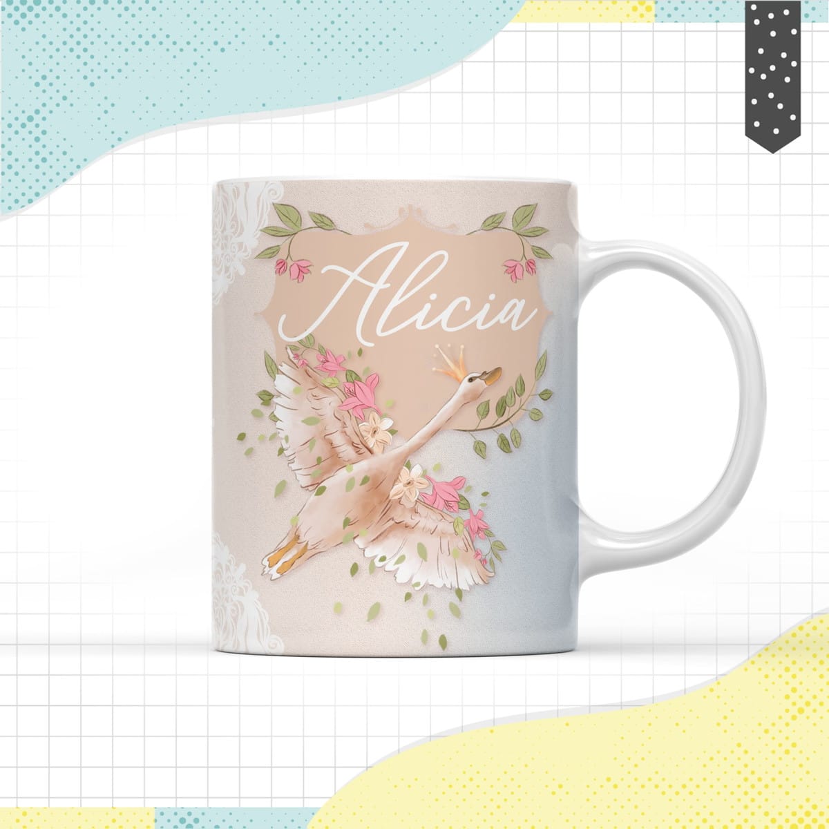 Arte Caneca Cisne Aquarela Arquivo Digital PNG 1 Caneca branca estampada com cisne coroado e flores em fundo quadriculado colorido.