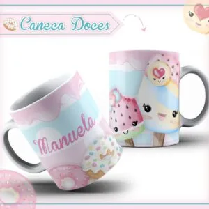 Duas canecas brancas com ilustrações coloridas de doces e personagens kawaii.