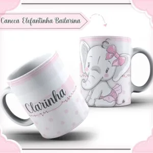 Arte Caneca Elefantinha Bailarina 22 Duas canecas brancas com estampa de elefante bailarina e nome personalizado em rosa.