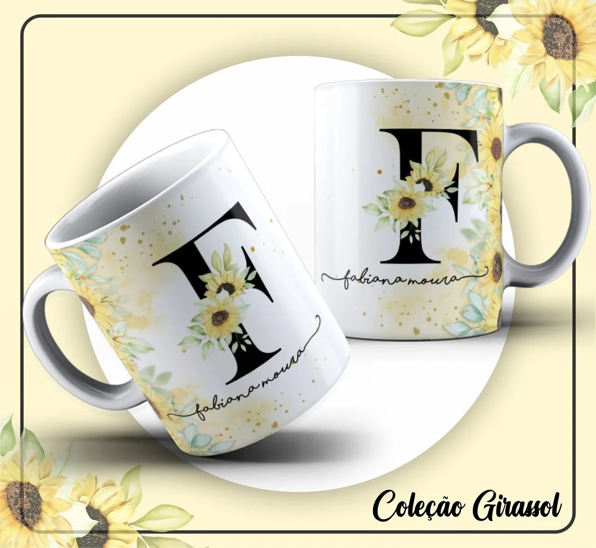 Arte Caneca Girassol Alfabeto 1 Duas canecas brancas com estampa de girassóis e letra preta decorada