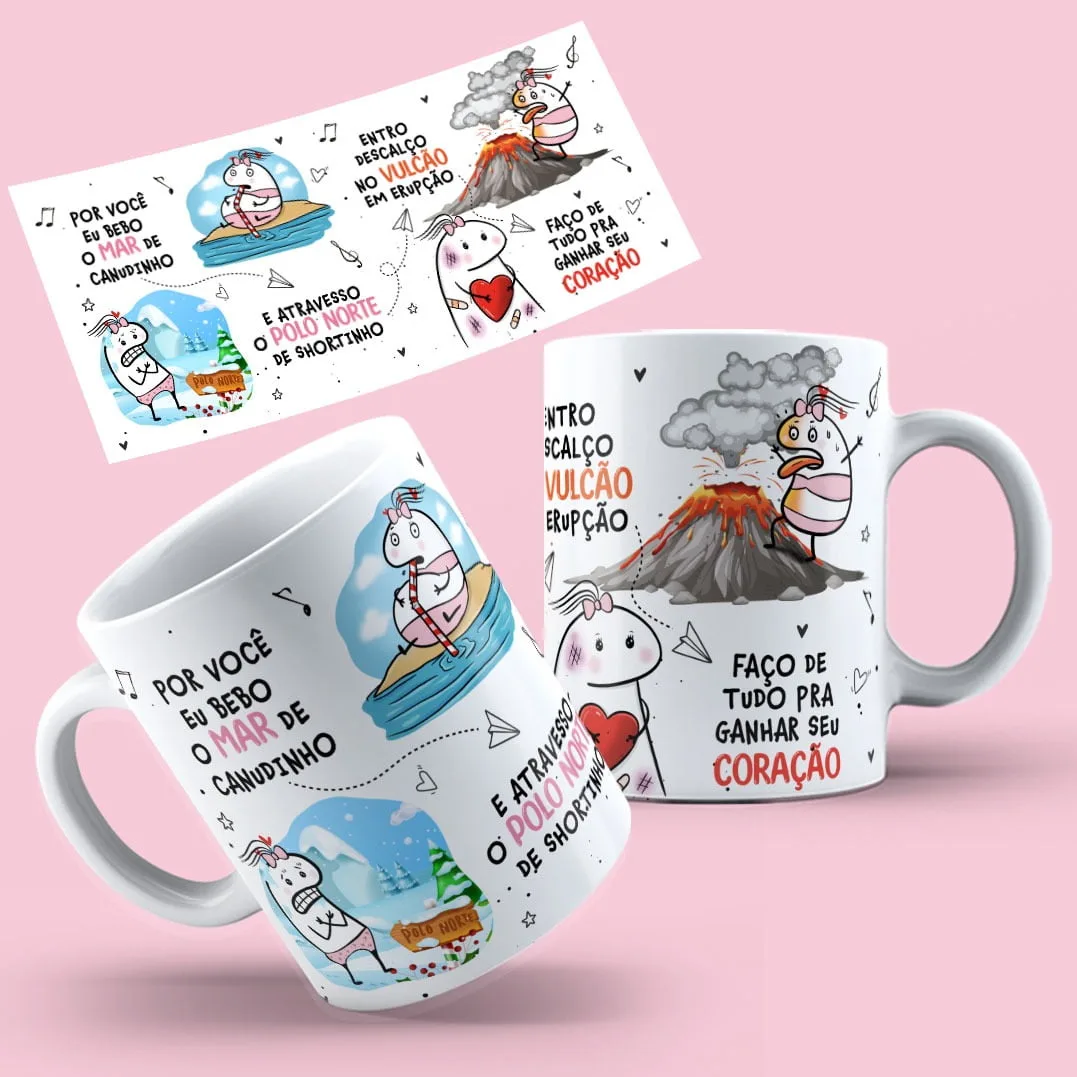 Arte Caneca Por Você Eu Bebo O Mar De Canudinho Flork Png 2 Duas canecas brancas com ilustrações de personagens divertidos e frases românticas engraçadas.