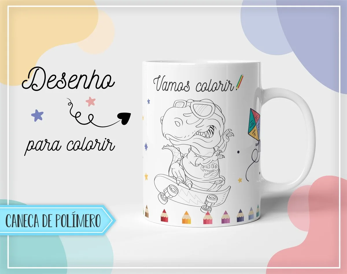 Caneca branca estampada com desenho de dinossauro de skate para colorir.