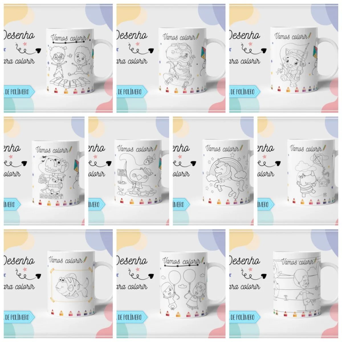 Várias canecas brancas com desenhos infantis para colorir e texto estampado