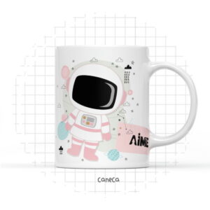 Caneca branca com estampa de astronauta estilizado em tons de rosa e azul.