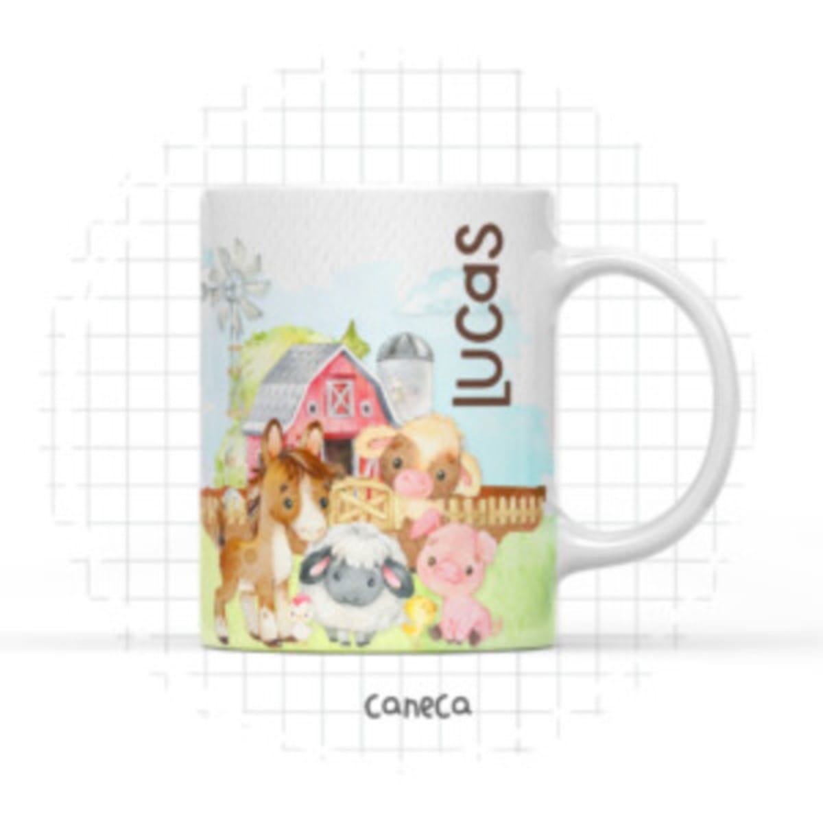 Arte Digital Caneca Fazendinha Baby Personalizada 1 Caneca branca estampada com ilustração aquarela de animais de fazenda e celeiro vermelho.
