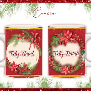 Arte digital de estampa natalina para caneca com guirlanda, bagas e 'Feliz Natal!'.
