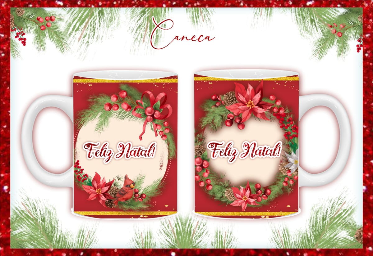 Arte Digital para Caneca de Natal PNG para Sublimação 1 Arte digital de estampa natalina para caneca com guirlanda, bagas e 'Feliz Natal!'.