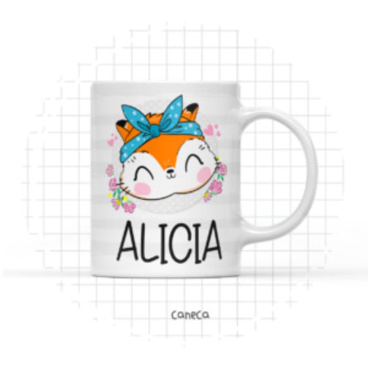Arte Digital Caneca Raposinha Menina PNG Personalizável 1 Caneca branca estampada com desenho de raposa fofa e nome personalizado escrito abaixo