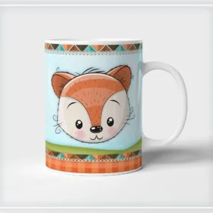 Caneca branca estampada com desenho de uma raposa pequena e bordas geométricas coloridas.
