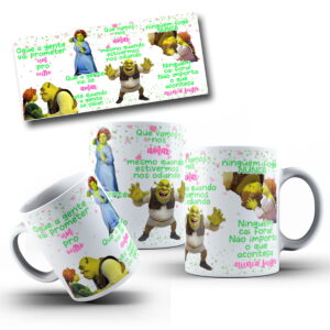 Arte Digital Caneca Shrek e Fiona para Sublimação 36 Arte digital para estampa de caneca com personagens de animação e frases.