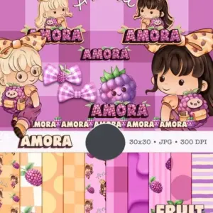 Arte Digital com Boneca Amora e Frutas Aquareladas PNG