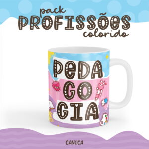 Arte Digital Pedagogia para Caneca Personalizada 26 Caneca branca com estampa colorida contendo a palavra pedagogia escrita com fonte estilizada.