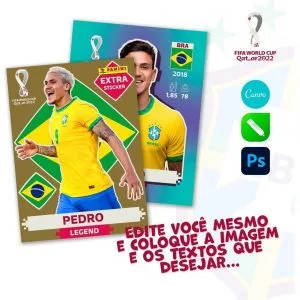 Arte Editável Figurinha Da Copa 2022 Canva Photoshop E Corel 18 Dois cartões colecionáveis digitais de jogadores de futebol com fundo esportivo temático.
