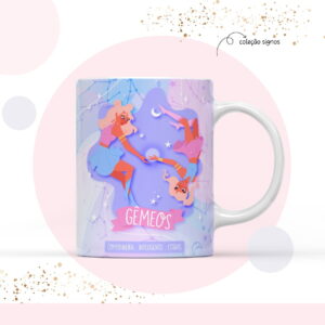 Arte para Sublimação Caneca Signo Gêmeos em PNG 4 Caneca branca estampada com ilustração cósmica e duas mulheres loiras.