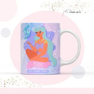 Arte para Sublimação Caneca Signo Peixes 9 Caneca branca estampada com ilustração de personagem feminina e elementos do signo de peixes