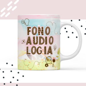 Arte para Xícara Fonoaudiologia Sublimação Digital 13 Arte digital com design para caneca Fonoaudiologia, letras decoradas e fundo pastel.