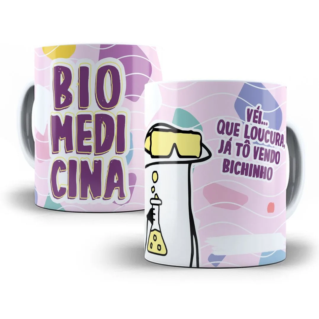 Arte Sublimação Caneca Biomedicina Flork Profissões Jpg 1 Duas canecas estampadas com temas coloridos e frases divertidas sobre biomedicina em fundo branco.
