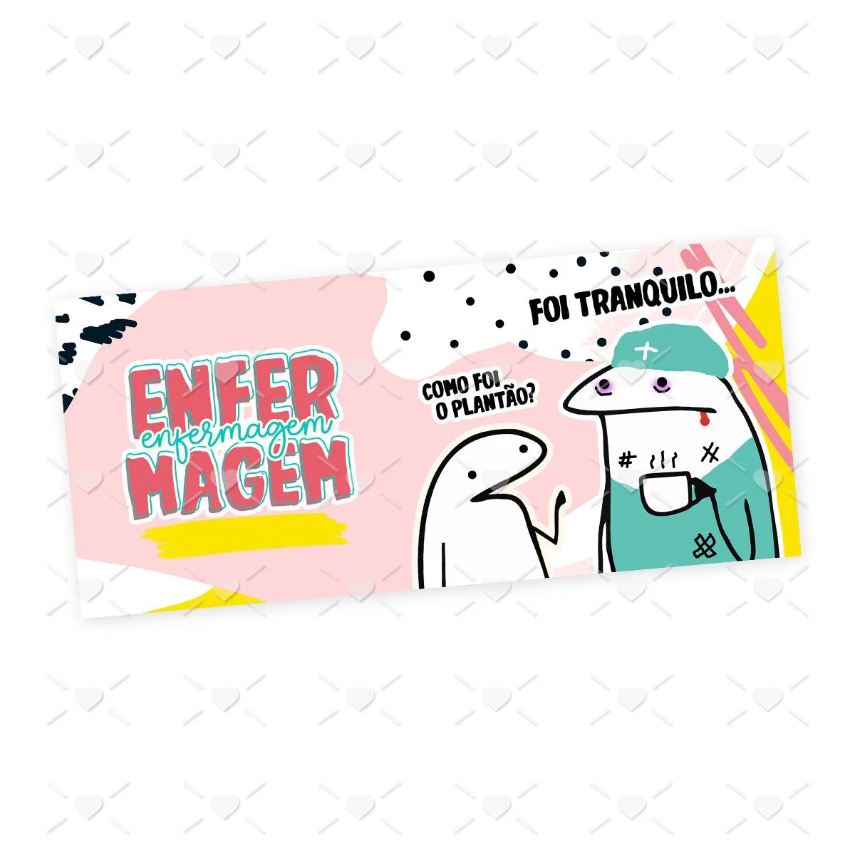 Arte Sublimação Caneca Enfermagem Flork Profissões Jpg 2 Ilustração colorida com personagens e frases relacionadas à enfermagem em fundo decorado