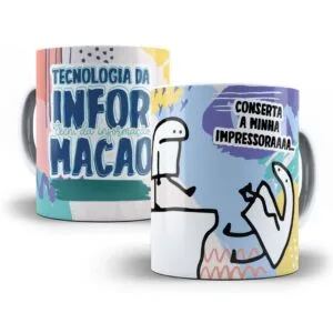 Duas canecas estampadas com desenhos de personagens e frases sobre tecnologia e suporte técnico.