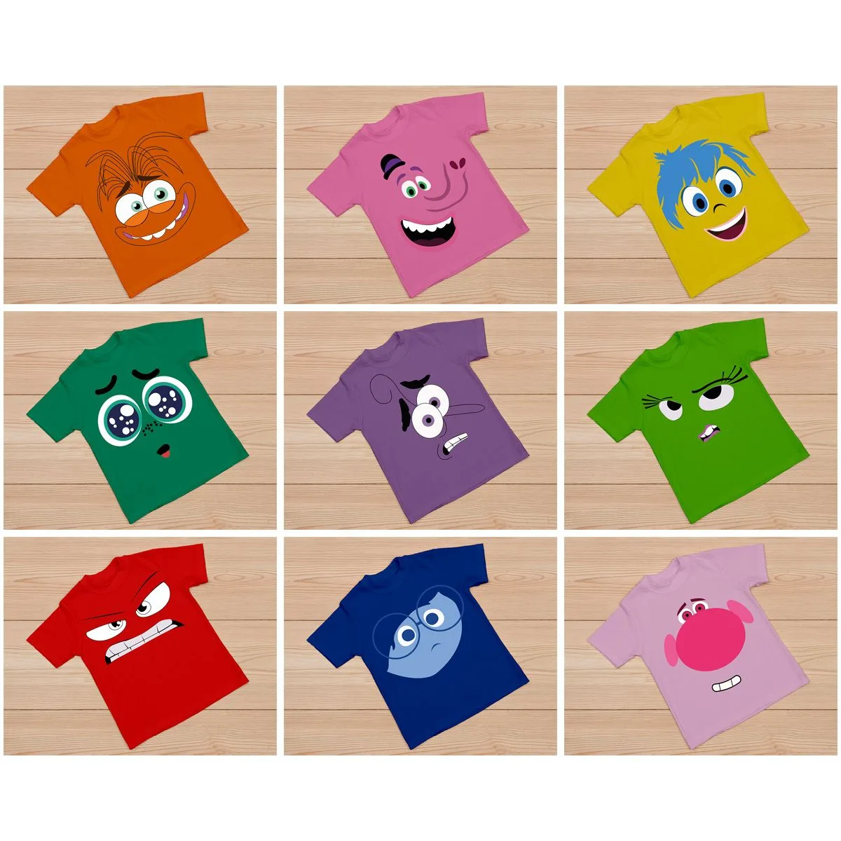 Artes Camiseta Divertidamente 2 - 9 Vetores P Sublimar 3 Conjunto de nove camisetas coloridas estampadas com expressões faciais de personagens infantis diversos.