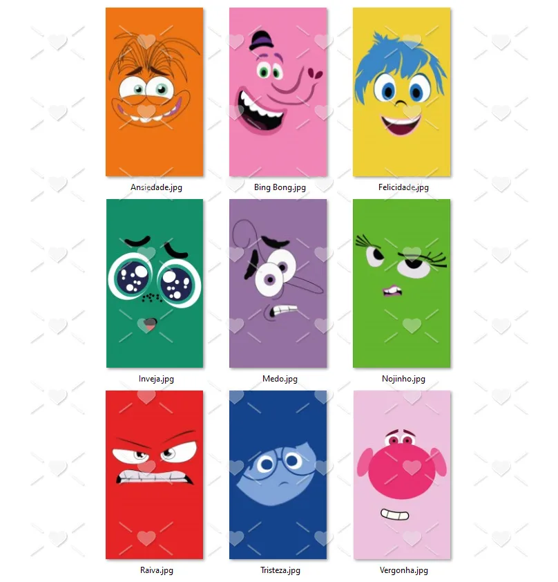 Artes Camiseta Divertidamente 2 - 9 Vetores P Sublimar 2 Nove retângulos coloridos exibindo expressões faciais de personagens ilustrados e estilizados.
