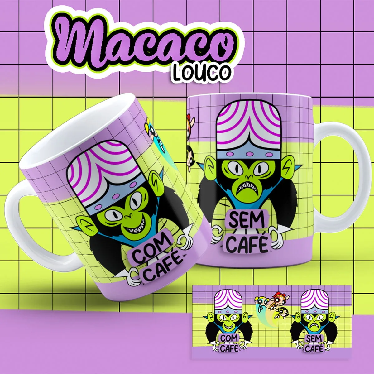 Artes Caneca Dia da Amizade As Meninas Super Poderosas 9 Duas canecas brancas estampadas com um personagem macaco verde e fundo quadriculado colorido.
