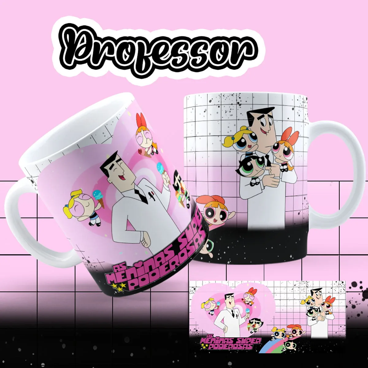 Artes Caneca Dia da Amizade As Meninas Super Poderosas 6 Canecas brancas ilustradas com personagens de desenho animado e um fundo quadriculado.