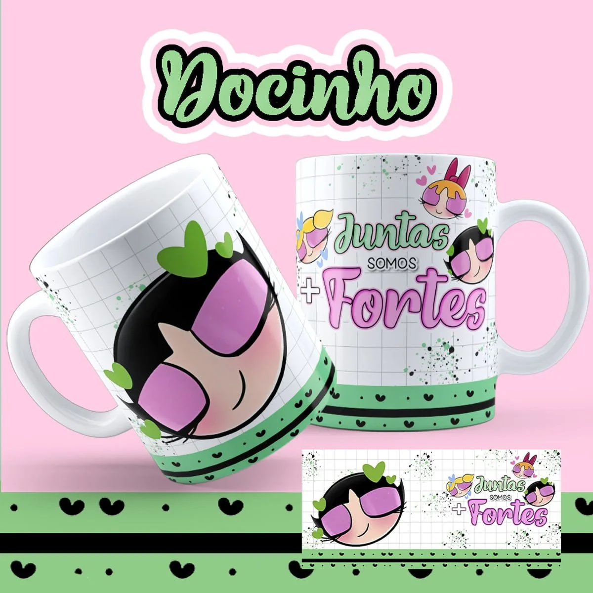 Artes Caneca Dia da Amizade As Meninas Super Poderosas 5 Duas canecas brancas com estampa de personagens infantis sobre fundo rosa.