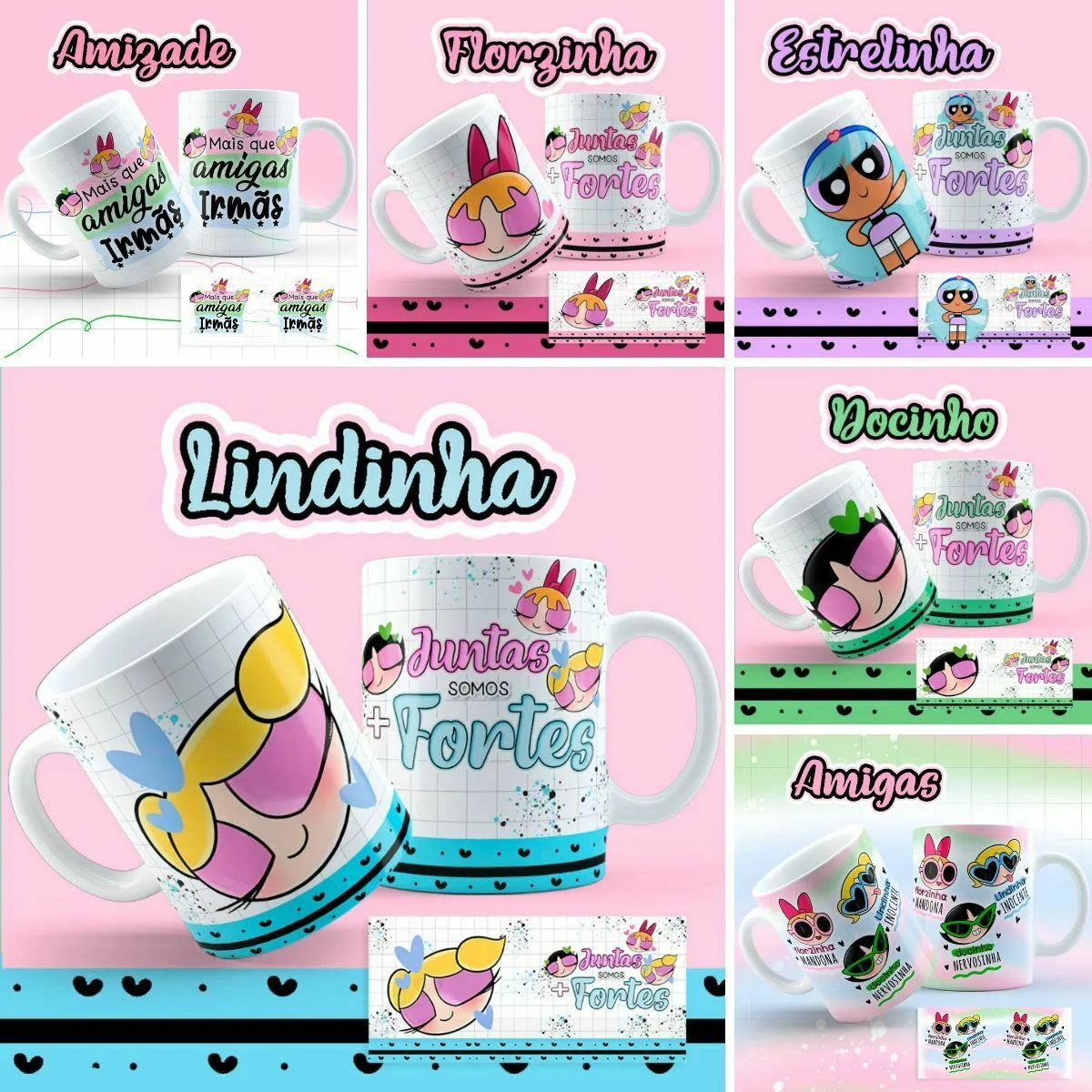 Artes Caneca Dia da Amizade As Meninas Super Poderosas 1 Coleção de canecas com ilustrações de personagens infantis em fundo rosa suave.