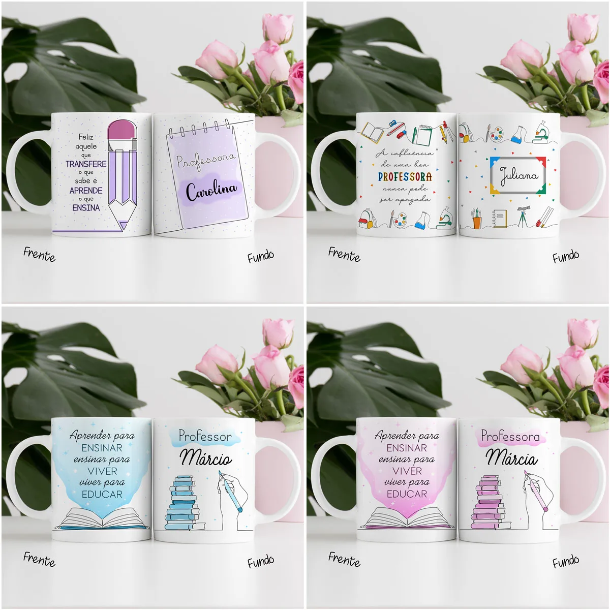 Artes Caneca Dia dos Professores Em Linhas Completo Em Png 6 Quatro pares de canecas brancas personalizadas com estampas temáticas e flores ao fundo