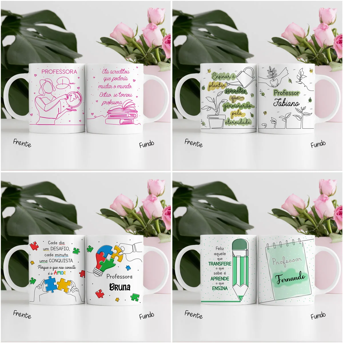 Artes Caneca Dia dos Professores Em Linhas Completo Em Png 7 Quatro pares de canecas brancas personalizadas com estampas temáticas para professores.
