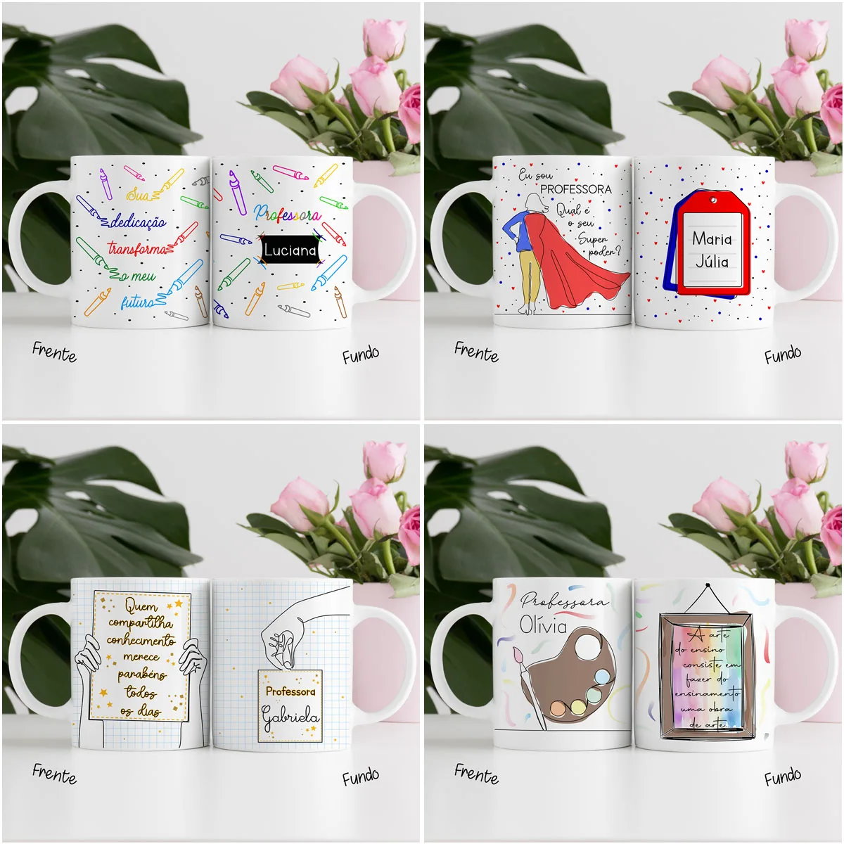Artes Caneca Dia dos Professores Em Linhas Completo Em Png 4 Quatro pares de canecas brancas personalizadas com estampas coloridas e textos motivacionais.