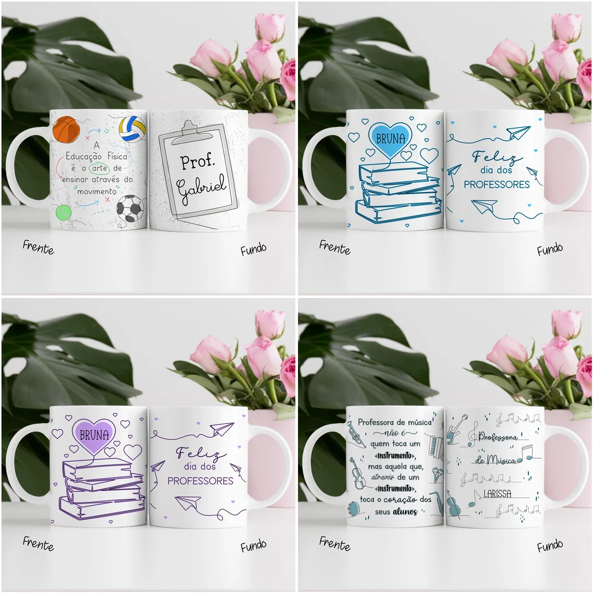 Artes Caneca Dia dos Professores Em Linhas Completo Em Png 3 Quatro conjuntos de canecas brancas com estampas personalizadas para professores decoradas com flores rosas