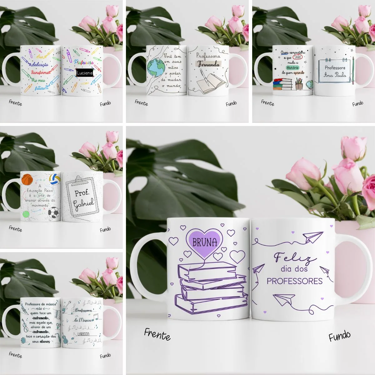 Artes Caneca Dia dos Professores Em Linhas Completo Em Png 1 Várias canecas brancas estampadas com temas educacionais exibidas em diferentes cenários.