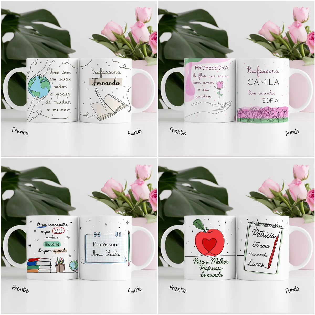 Artes Caneca Dia dos Professores Em Linhas Completo Em Png 5 Quatro pares de canecas brancas com estampas variadas para professores e flores cor-de-rosa