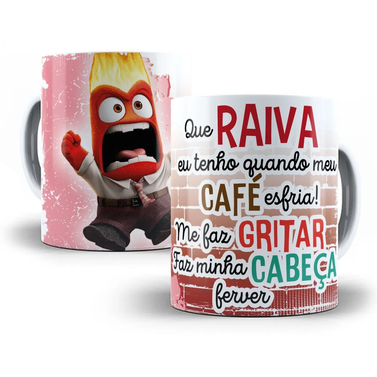 Artes Caneca Divertida Mente Frases Divertidas Café e Amigos 8 Duas canecas estampadas com personagem irritado e texto escrito em português.