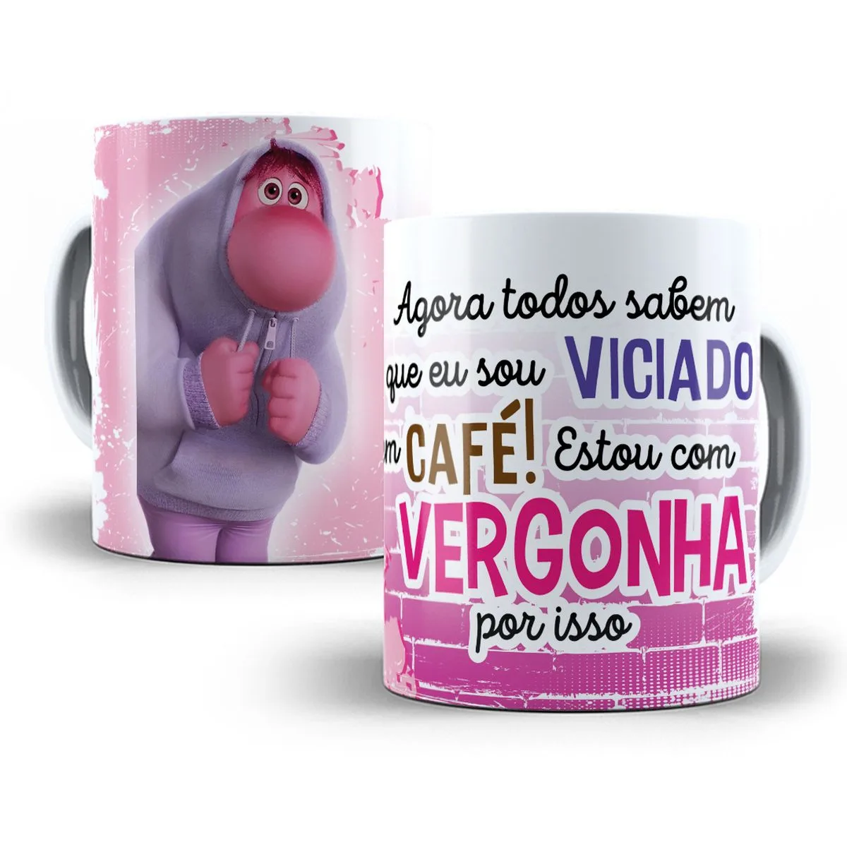 Artes Caneca Divertida Mente Frases Divertidas Café e Amigos 7 Duas canecas estampadas com ilustração de personagem e frases em português sobre café.